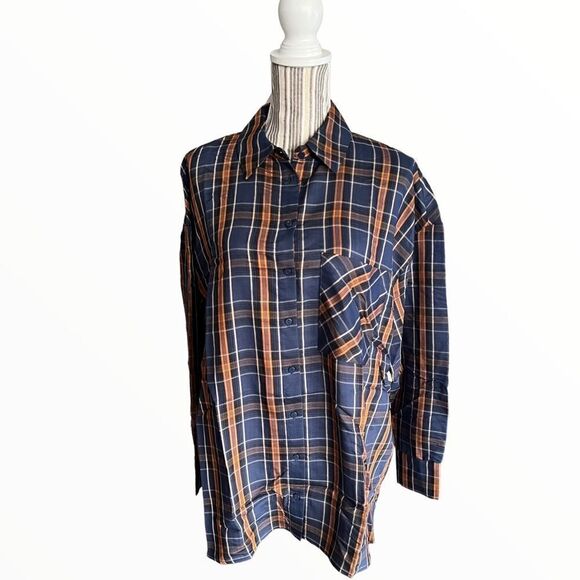 BERSHKA | Blue & Brown | OVERSIZED PLAID SHIRT - Picture 5 of 9